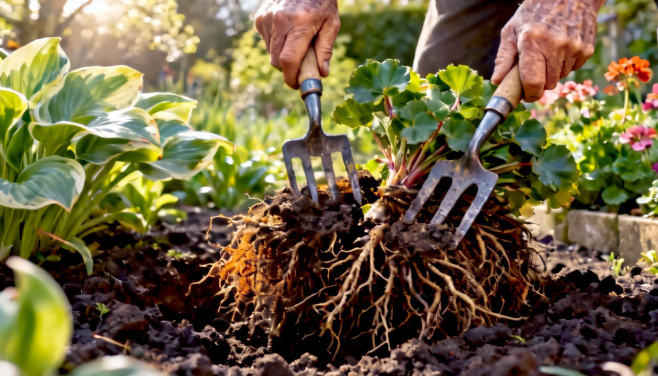 The image shows a pair of weathered hands using two garden forks back-to-back to split a large, freshly dug clump of a herbaceous perennial, like a hosta or geranium. The scene is set in a classic British cottage garden border, with rich, dark soil crumbling away to reveal the dense root system. The composition is a dynamic, low-angle shot that emphasizes the connection to the earth and the physical effort involved. Dappled spring sunlight filters through overlying foliage, highlighting the textures of the roots and leaves. The mood is one of abundance and patient craftsmanship, with a vibrant, earthy colour palette that evokes the promise of new growth.