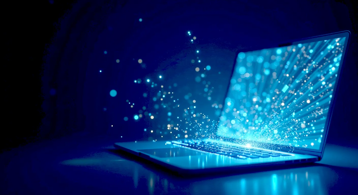 A hyper-realistic, professional photograph with a clean, modern aesthetic, in the style of a tech explainer feature for Wired magazine. The image shows a glowing, abstract network of interconnected light streams, representing data pieces, converging from multiple points onto a sleek, modern laptop screen in the centre. The background is a dark, deep blue, creating high contrast. The mood is informative, sophisticated, and technological, capturing the essence of a decentralised P2P network in a visually striking way. There are no people in the image.