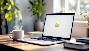 A hyper-realistic, professional photograph in the style of a minimalist tech blog. A sleek MacBook Pro sits on a modern, dark oak desk next to a steaming mug of tea. The Mac's screen is in focus, showing a clean, organised macOS desktop with just a few icons. A single folder icon is subtly fading into the background, half-visible, symbolising the act of hiding. The lighting is soft and natural, coming from a window just out of frame, creating a calm, focused, and trustworthy mood. The overall aesthetic is clean, sophisticated, and distinctly British.
