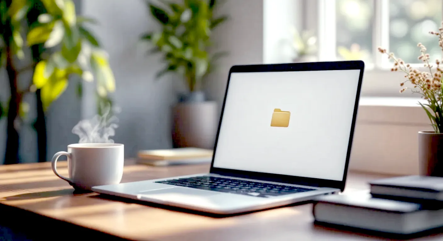 A hyper-realistic, professional photograph in the style of a minimalist tech blog. A sleek MacBook Pro sits on a modern, dark oak desk next to a steaming mug of tea. The Mac's screen is in focus, showing a clean, organised macOS desktop with just a few icons. A single folder icon is subtly fading into the background, half-visible, symbolising the act of hiding. The lighting is soft and natural, coming from a window just out of frame, creating a calm, focused, and trustworthy mood. The overall aesthetic is clean, sophisticated, and distinctly British.