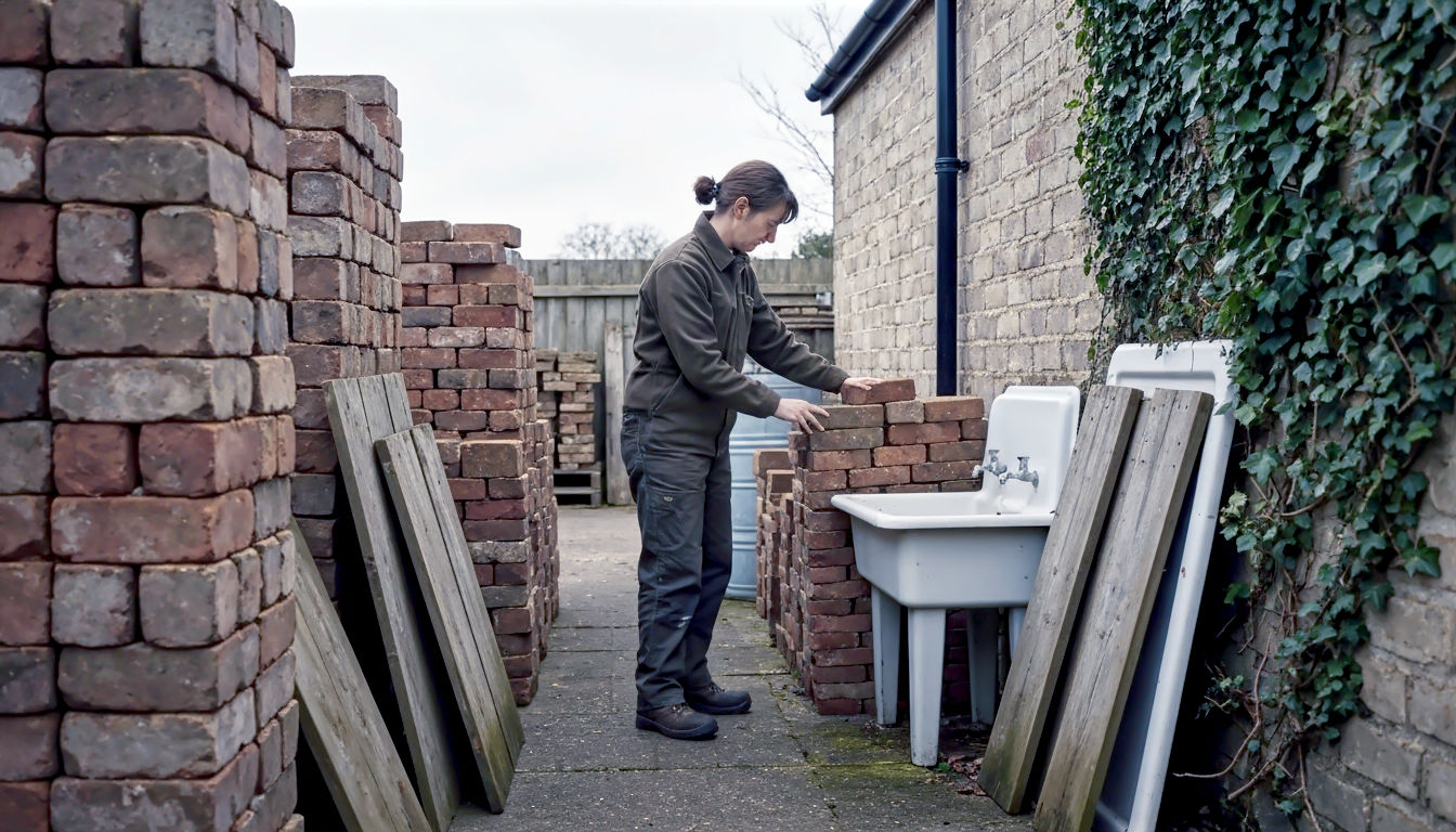 The subject is surrounded by stacks of old bricks, reclaimed timber, and a forgotten Belfast sink, with ivy growing up a nearby wall. The composition is a candid medium shot, emphasizing the texture and history of the found objects. The lighting is soft and natural, typical of an overcast British day, casting gentle shadows. The mood is one of resourceful creativity and quiet satisfaction, with a muted, earthy colour palette that evokes a sense of sustainability and heritage.