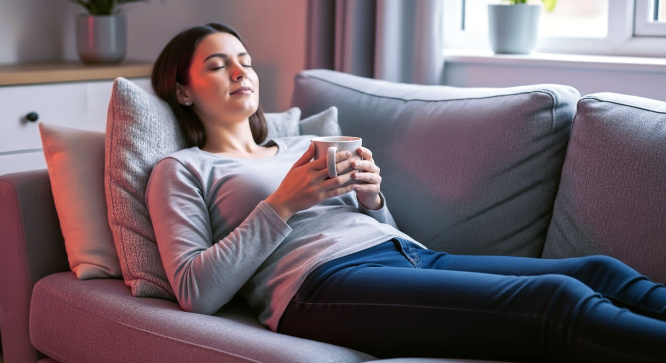 A hyper-realistic, professional lifestyle photograph with a cosy, aspirational feel. A person is relaxing on a stylish, modern grey sofa in a brightly lit, comfortable British living room. They are using the black Krafty RM-099 electric back massager, which is nestled in their lower back. The subtle red glow of the infrared heat is visible through the fabric. The person has a serene expression of pure relaxation, holding a warm mug of tea. The lighting is soft and natural, coming from a nearby window. The mood is calm, peaceful, and conveys the ultimate at-home comfort and wellness. Style like a feature in Ideal Home or Livingetc magazine.