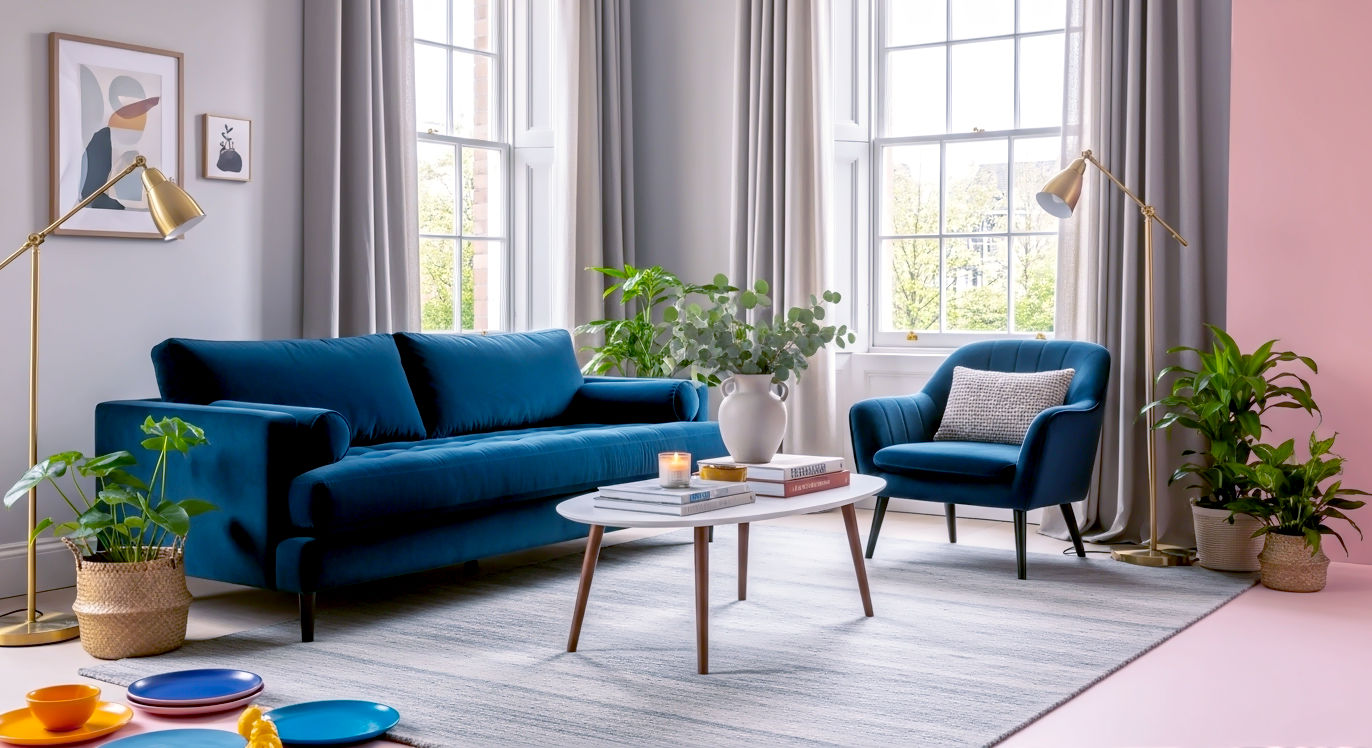 A hyper-realistic, professional photograph in the style of a feature in House & Garden UK. The image captures a beautifully styled British living room on an overcast afternoon. The room features a soft, warm grey on the walls, a deep navy blue velvet sofa pulled slightly away from the wall, and a large wool rug anchoring the space. Sunlight filters softly through a large sash window dressed with floor-to-ceiling linen curtains. On the coffee table, a curated stack of books, a ceramic vase with eucalyptus stems, and a lit candle create a cosy vignette. The lighting is soft and layered, with a brass floor lamp glowing warmly beside an armchair. The overall mood is sophisticated, inviting, and effortlessly chic, with a clear sense of lived-in comfort.