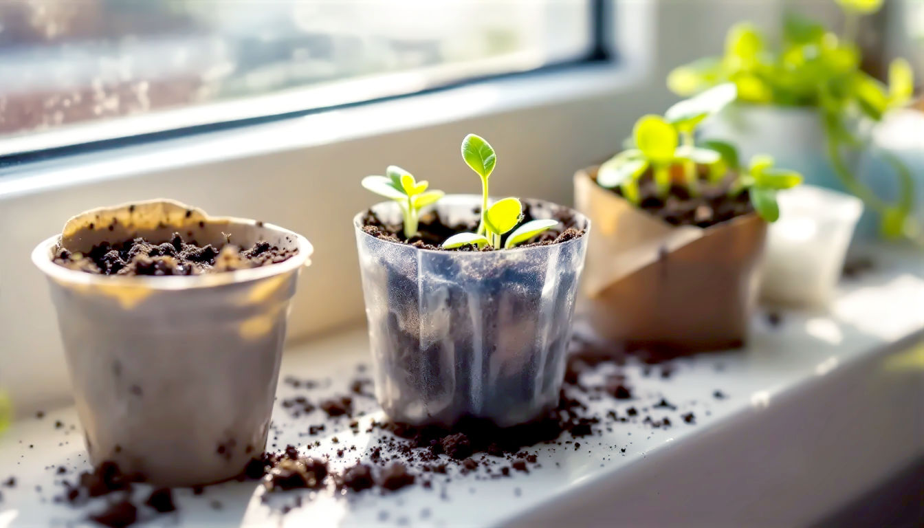 The image is a close-up, slightly angled shot of a collection of makeshift seed pots on a bright, sunny British windowsill. It showcases a variety of upcycled containers: a yoghurt pot, a cardboard loo roll tube, and a clear plastic fruit punnet with condensation on the inside, acting as a mini-propagator. Tiny, vibrant green seedlings are just emerging from the dark, moist compost. The lighting is bright, natural morning sunlight streaming through the window, creating a hopeful and gentle atmosphere. The mood evokes a sense of new beginnings, resourcefulness, and the simple joy of growing from seed.