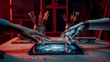 A hyper-realistic photograph capturing the precise moment a human hand and a sleek, robotic hand meet over a glowing digital tablet displaying a stunning, complex piece of AI-generated art. The scene is set in a classic British artist's studio, filled with traditional easels and paintbrushes in the background, now subtly shadowed. The lighting is dramatic, with a single, warm light source illuminating the tablet and the two hands, creating a powerful contrast between the old and the new. The mood is one of collaboration, tension, and wonder, perfectly encapsulating the article's core themes of creativity, technology, and the future of art. Style of a modern editorial feature for a magazine like Wired UK.