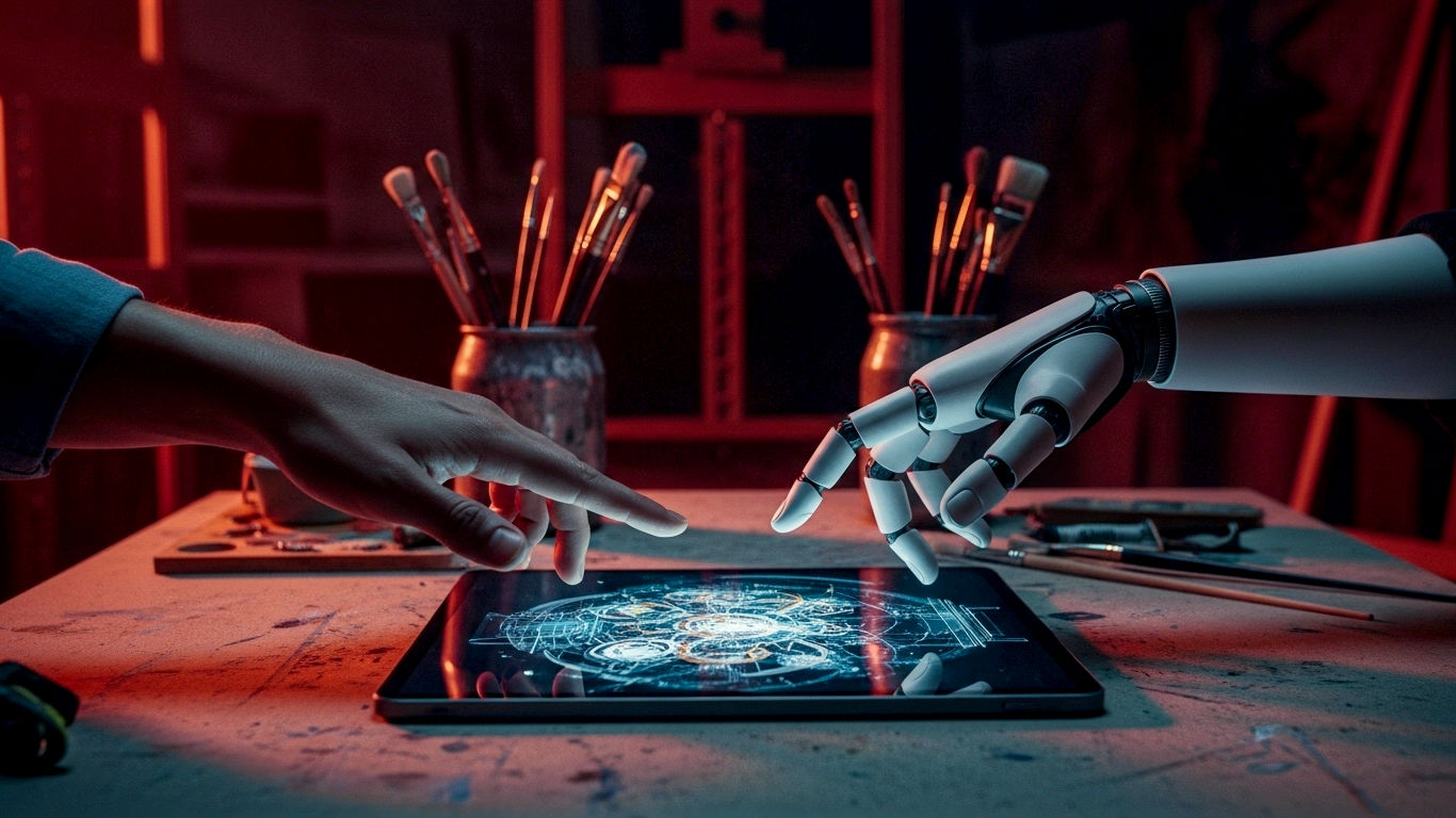 A hyper-realistic photograph capturing the precise moment a human hand and a sleek, robotic hand meet over a glowing digital tablet displaying a stunning, complex piece of AI-generated art. The scene is set in a classic British artist's studio, filled with traditional easels and paintbrushes in the background, now subtly shadowed. The lighting is dramatic, with a single, warm light source illuminating the tablet and the two hands, creating a powerful contrast between the old and the new. The mood is one of collaboration, tension, and wonder, perfectly encapsulating the article's core themes of creativity, technology, and the future of art. Style of a modern editorial feature for a magazine like Wired UK.