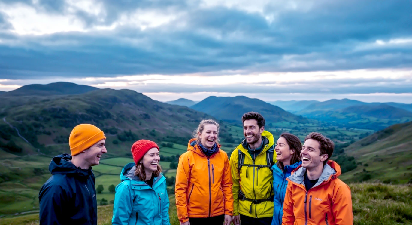A hyper-realistic, professional photograph in the style of an adventure magazine feature. A group of four friends in their late 20s, dressed in bright, modern outdoor gear, are laughing as they stand on a scenic viewpoint in the Lake District. In the background, rolling green fells meet a dramatic, cloud-filled sky under the soft light of a late afternoon sun. The mood is joyful, authentic, and inspiring, capturing the camaraderie and spirit of British outdoor adventure.
