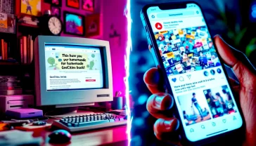 A hyper-realistic photograph capturing the stark contrast between two eras of the internet. On the left, a softly lit, cluttered 1990s desk in a British study, with a bulky CRT monitor displaying a quirky, handmade GeoCities website. The mood is nostalgic, creative, and hopeful. On the right, a sleek, modern smartphone held in a hand, its screen glowing with a chaotic, anxiety-inducing social media feed full of ads and rage-bait content. The lighting on the right is harsh and blue. The composition creates a powerful before-and-after narrative about digital life, in the style of a thoughtful Guardian Weekend magazine feature.