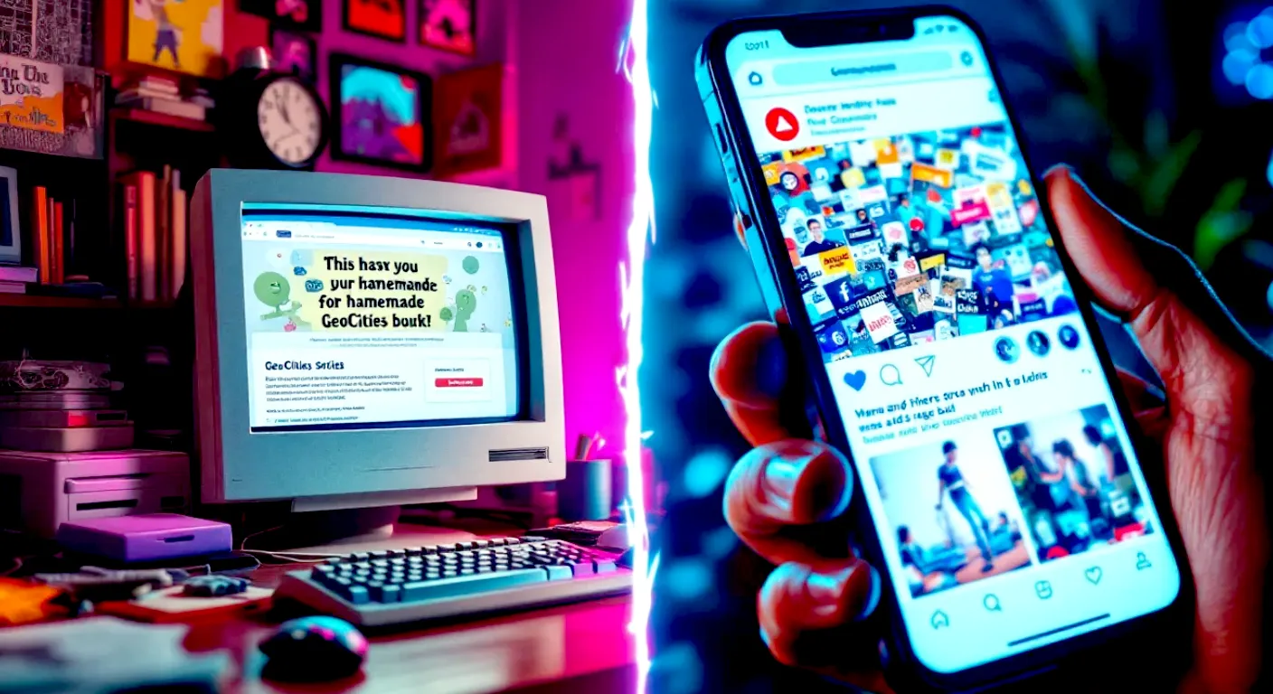 A hyper-realistic photograph capturing the stark contrast between two eras of the internet. On the left, a softly lit, cluttered 1990s desk in a British study, with a bulky CRT monitor displaying a quirky, handmade GeoCities website. The mood is nostalgic, creative, and hopeful. On the right, a sleek, modern smartphone held in a hand, its screen glowing with a chaotic, anxiety-inducing social media feed full of ads and rage-bait content. The lighting on the right is harsh and blue. The composition creates a powerful before-and-after narrative about digital life, in the style of a thoughtful Guardian Weekend magazine feature.