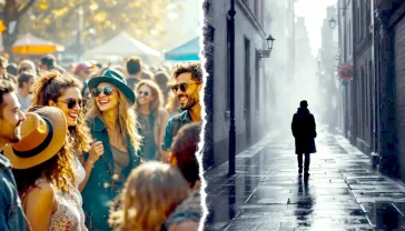 A hyper-realistic, professional photograph in the style of a powerful documentary. The image is split in two by a faint, ghostly line down the centre. On the left, a diverse group of people at a vibrant British street festival are laughing and connected, bathed in warm, sunny light. On the right, a solitary figure stands in a grey, rain-slicked alley, looking on but clearly separated and excluded. The mood is thought-provoking and slightly melancholic, capturing the essence of unity and exclusion in modern Britain. The overall colour palette is balanced between the warm left and the cool right.
