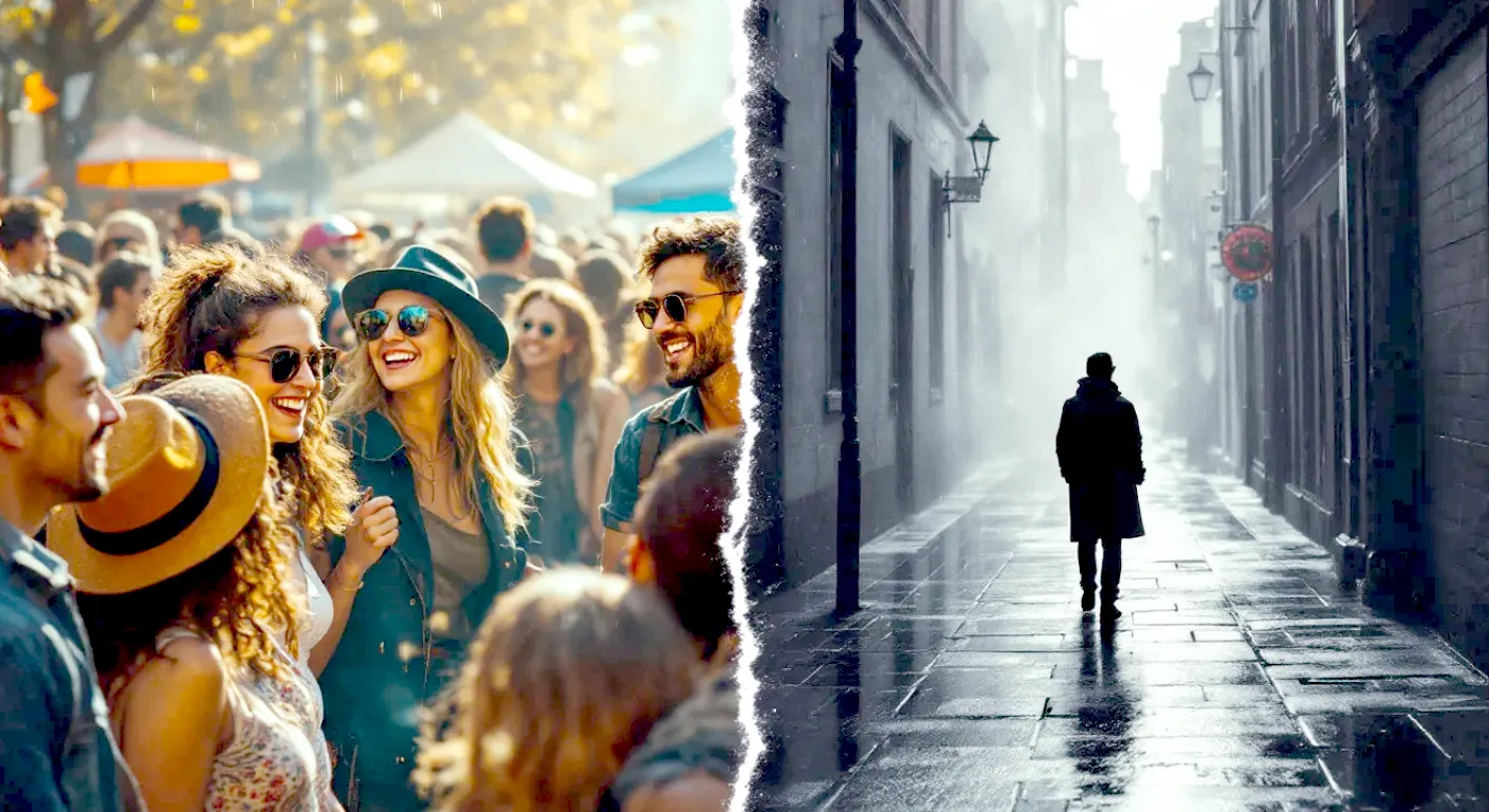 A hyper-realistic, professional photograph in the style of a powerful documentary. The image is split in two by a faint, ghostly line down the centre. On the left, a diverse group of people at a vibrant British street festival are laughing and connected, bathed in warm, sunny light. On the right, a solitary figure stands in a grey, rain-slicked alley, looking on but clearly separated and excluded. The mood is thought-provoking and slightly melancholic, capturing the essence of unity and exclusion in modern Britain. The overall colour palette is balanced between the warm left and the cool right.