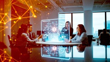 A hyper-realistic, professional photograph in the style of a modern tech journal. The image shows British data scientists, casually dressed, collaborating around a holographic interface in a bright, airy London office with a view of the skyline. The hologram displays glowing, interconnected nodes representing a neural network. The mood is optimistic, innovative, and focused. The lighting is natural and soft, creating a clean, high-tech aesthetic that feels both futuristic and grounded in today's Britain.