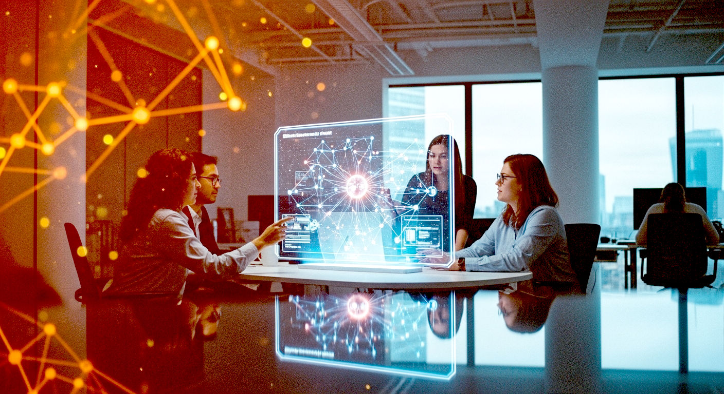 A hyper-realistic, professional photograph in the style of a modern tech journal. The image shows British data scientists, casually dressed, collaborating around a holographic interface in a bright, airy London office with a view of the skyline. The hologram displays glowing, interconnected nodes representing a neural network. The mood is optimistic, innovative, and focused. The lighting is natural and soft, creating a clean, high-tech aesthetic that feels both futuristic and grounded in today's Britain.