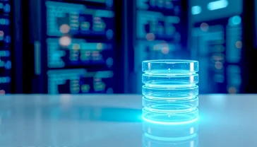 A hyper-realistic, professional photograph with a clean, modern aesthetic. The image visually represents the concept of an organised digital database. In the foreground, a glowing, translucent blue 3D model of a database cylinder icon sits on a polished white surface. In the background, softly blurred lines of code and data charts are visible on a dark screen, suggesting a busy server room. The lighting is bright and focused on the icon, creating a sense of clarity and efficiency. The overall mood is technological, authoritative, and accessible, evoking the reliability of British digital infrastructure.