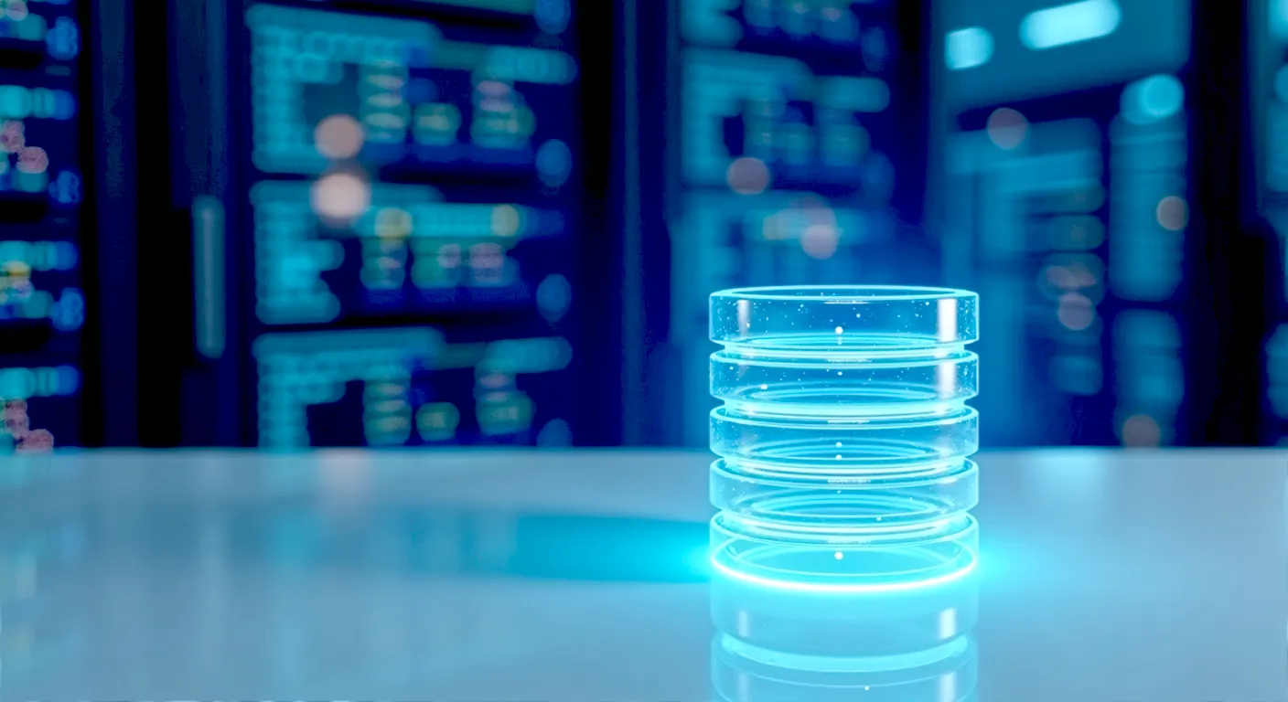A hyper-realistic, professional photograph with a clean, modern aesthetic. The image visually represents the concept of an organised digital database. In the foreground, a glowing, translucent blue 3D model of a database cylinder icon sits on a polished white surface. In the background, softly blurred lines of code and data charts are visible on a dark screen, suggesting a busy server room. The lighting is bright and focused on the icon, creating a sense of clarity and efficiency. The overall mood is technological, authoritative, and accessible, evoking the reliability of British digital infrastructure.
