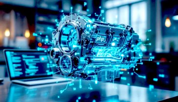 A hyper-realistic, professional photograph for a tech article. The scene is a clean, modern workshop. In the centre, a beautifully engineered, gleaming silver engine block is suspended in mid-air with holographic, glowing blue lines of code () flowing around it, showing its inner workings. The background is slightly blurred, showing a modern desk with a laptop displaying a WordPress dashboard. The lighting is bright and optimistic, with a clean, high-tech aesthetic. The mood is authoritative, innovative, and trustworthy.