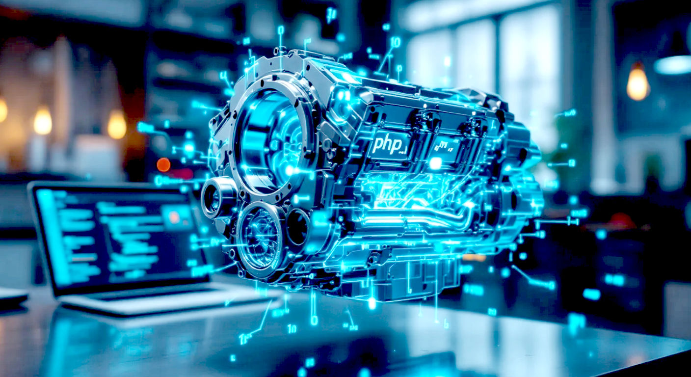 A hyper-realistic, professional photograph for a tech article. The scene is a clean, modern workshop. In the centre, a beautifully engineered, gleaming silver engine block is suspended in mid-air with holographic, glowing blue lines of code () flowing around it, showing its inner workings. The background is slightly blurred, showing a modern desk with a laptop displaying a WordPress dashboard. The lighting is bright and optimistic, with a clean, high-tech aesthetic. The mood is authoritative, innovative, and trustworthy.