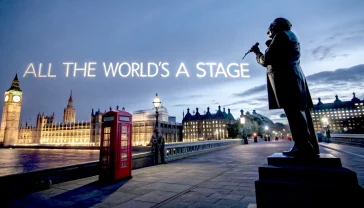 Hyper-realistic, professional photograph. A montage of iconic British symbols overlaid with ethereal, glowing text of famous quotes. A silhouette of Winston Churchill giving a speech merges with a backdrop of the Houses of Parliament at dusk. Shakespeare's Globe Theatre is visible, with the quote "All the world's a stage" floating above it. A classic red telephone box and a black cab are in the foreground. The mood is nostalgic, intelligent, and deeply British, with a colour palette of deep blues, greys, and warm, golden light from the text.