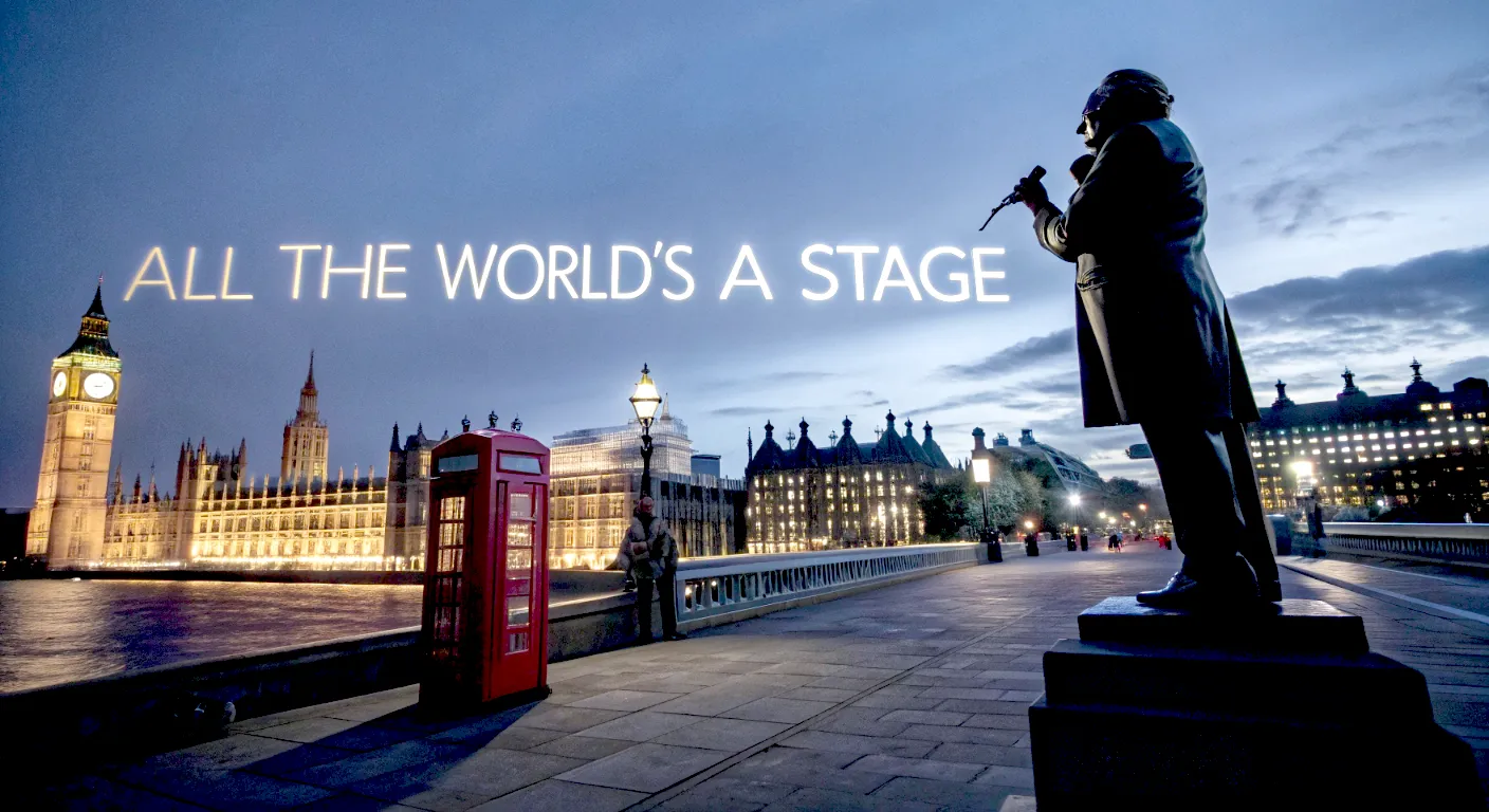 Hyper-realistic, professional photograph. A montage of iconic British symbols overlaid with ethereal, glowing text of famous quotes. A silhouette of Winston Churchill giving a speech merges with a backdrop of the Houses of Parliament at dusk. Shakespeare's Globe Theatre is visible, with the quote "All the world's a stage" floating above it. A classic red telephone box and a black cab are in the foreground. The mood is nostalgic, intelligent, and deeply British, with a colour palette of deep blues, greys, and warm, golden light from the text.