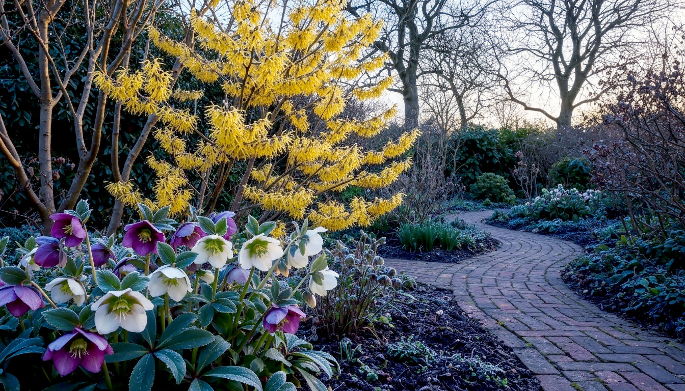 A hyper-realistic, professional photograph in the style of a BBC Gardeners' World feature. The scene is a quintessential British garden in mid-January under soft, low winter sunlight. In the foreground, a cluster of deep purple and white Hellebores, their heads nodding towards the viewer, are dusted with a light frost. Behind them, the vibrant yellow, spidery flowers of a Witch Hazel (Hamamelis) stand out against the dark, bare branches of other trees. The composition is layered and inviting, with a winding brick path leading deeper into the garden. The mood is peaceful, hopeful, and beautifully melancholic, capturing the quiet magic of a thriving UK winter garden.