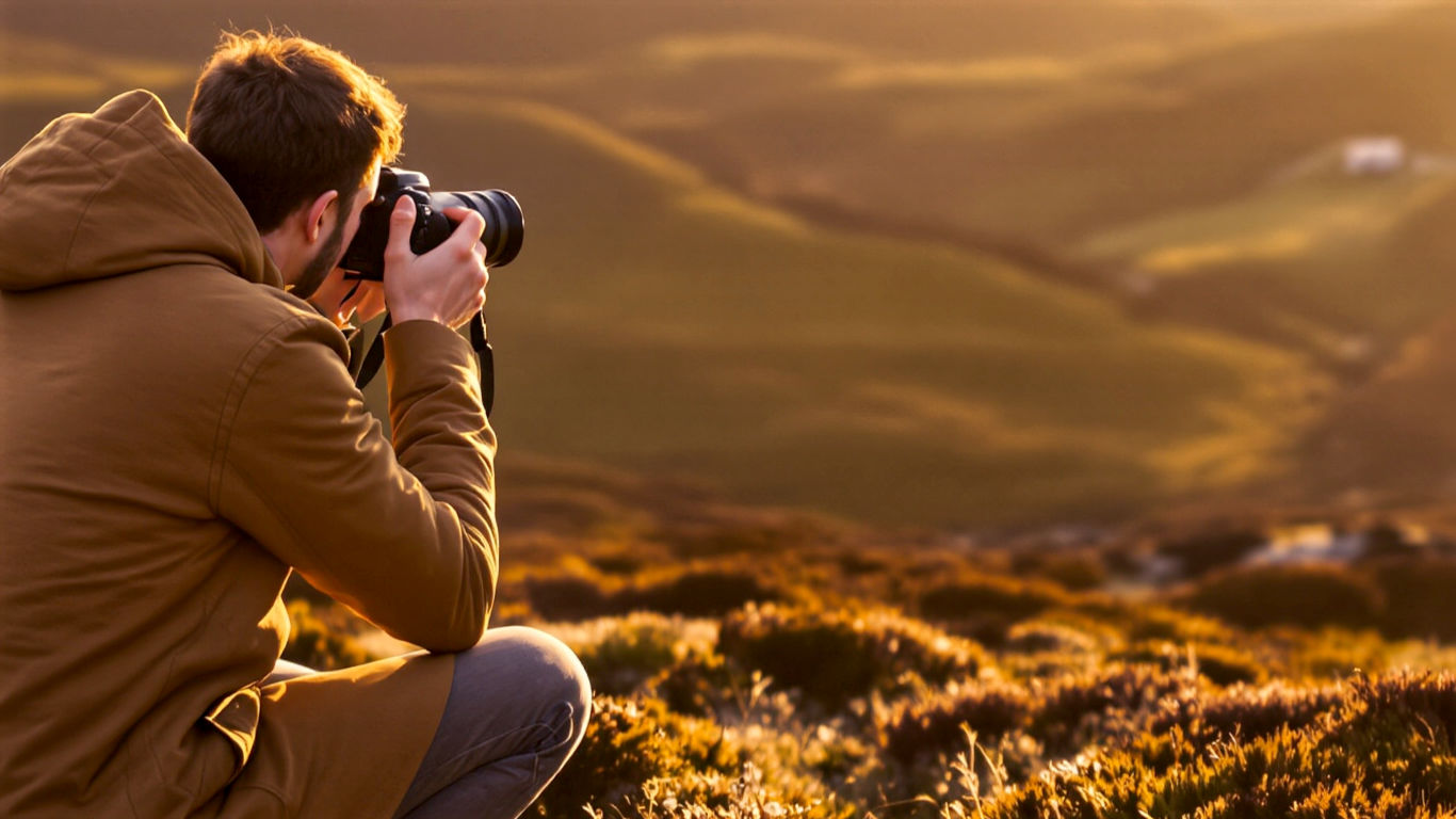 A hyper-realistic, professional photograph. A young person in their late 20s, dressed for a British country walk (e.g., Barbour-style jacket), is kneeling on one knee in the Scottish Highlands during a stunning golden hour. They are holding a DSLR camera, looking intently through the viewfinder, composing a shot of a majestic stag in the middle distance. The scene is bathed in warm, low light, with long shadows stretching across the heather-covered landscape. The mood is one of intense focus, creativity, and connection with nature. Style of a top travel photographer.