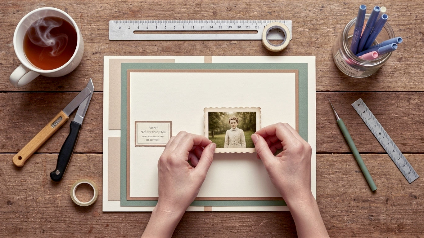 A hyper-realistic photograph from a top-down perspective, in the style of a modern craft magazine. A pair of hands are carefully placing a vintage-style photograph onto a partially completed 12x12 inch scrapbook page. The page has a muted, heritage colour palette (sage green, cream, soft brown). Scattered neatly around the workspace are essential scrapbooking tools: a craft knife, a metal ruler, a tape runner, and a jar of archival-safe pens. A steaming mug of tea sits just in frame on a rustic wooden table. The lighting is soft and natural, coming from a nearby window, creating a warm, cosy, and creative mood that evokes a quintessentially British crafting afternoon.