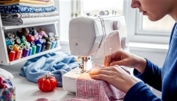 A hyper-realistic, professional photograph in the style of a modern lifestyle magazine. The scene is a bright, airy craft corner in a British home, with soft, natural light coming from a nearby window. A young person is focused on guiding a piece of colourful cotton fabric through a clean, modern sewing machine. In the background, there's a neat shelf with folded fabrics, colourful spools of thread, and a classic tomato pincushion. The overall mood is calm, creative, and inspiring, with a cosy, contemporary British feel.