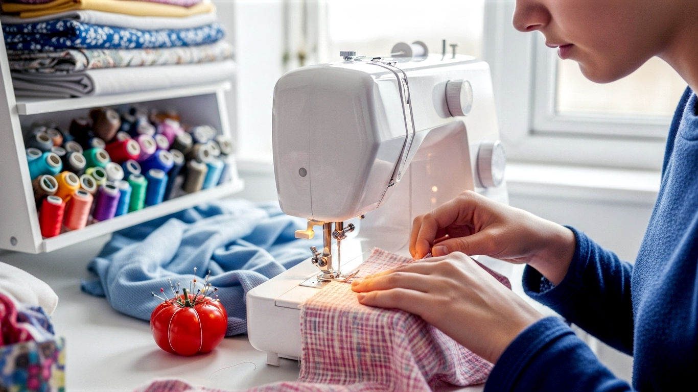 A hyper-realistic, professional photograph in the style of a modern lifestyle magazine. The scene is a bright, airy craft corner in a British home, with soft, natural light coming from a nearby window. A young person is focused on guiding a piece of colourful cotton fabric through a clean, modern sewing machine. In the background, there's a neat shelf with folded fabrics, colourful spools of thread, and a classic tomato pincushion. The overall mood is calm, creative, and inspiring, with a cosy, contemporary British feel.