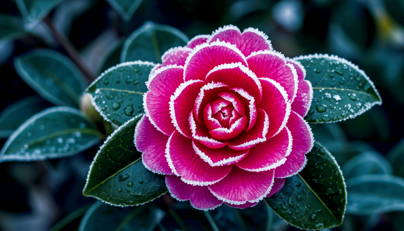 A detailed, artistic photograph of a single, perfect, deep-pink Camellia japonica flower. Its lush petals are delicately edged with a fine tracery of white frost. The background consists of the plant's own glossy, dark evergreen leaves, some holding melting snowflakes. The lighting is sharp and clear, as if from a bright and frosty morning, making every detail stand out. The mood is one of frozen, luxurious elegance.