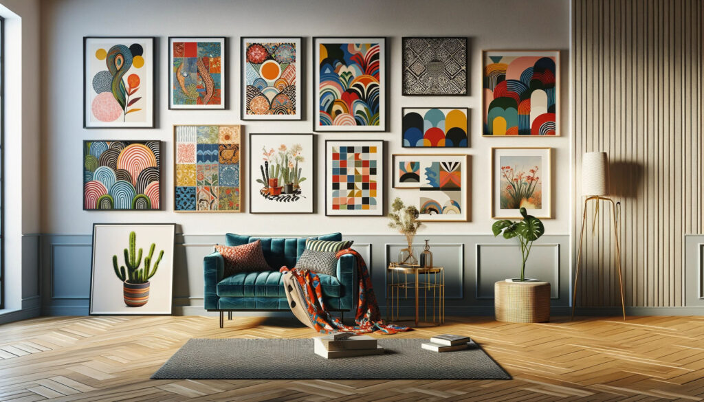 The image presented is a vibrant, color-rich interior that illustrates the impactful use of colourful prints in home decor. The selection of framed artwork ranges from abstract patterns to nature-inspired scenes, each adding a distinct splash of colour and creating an eye-catching gallery wall that energizes the room. The furniture and décor are thoughtfully chosen to harmonize with the artwork's hues, resulting in a space that is both lively and stylish.