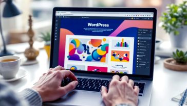 A hyper-realistic, professional photograph showing a person's hands on a modern laptop keyboard and trackpad. The laptop screen displays a colourful, stylish WordPress website design being edited in the visual Customizer interface. The setting is a bright, modern British home office or a trendy co-working space in London, with a cup of tea and a notebook visible on the desk. The mood is creative, focused, and empowering. Soft, natural lighting from a nearby window.