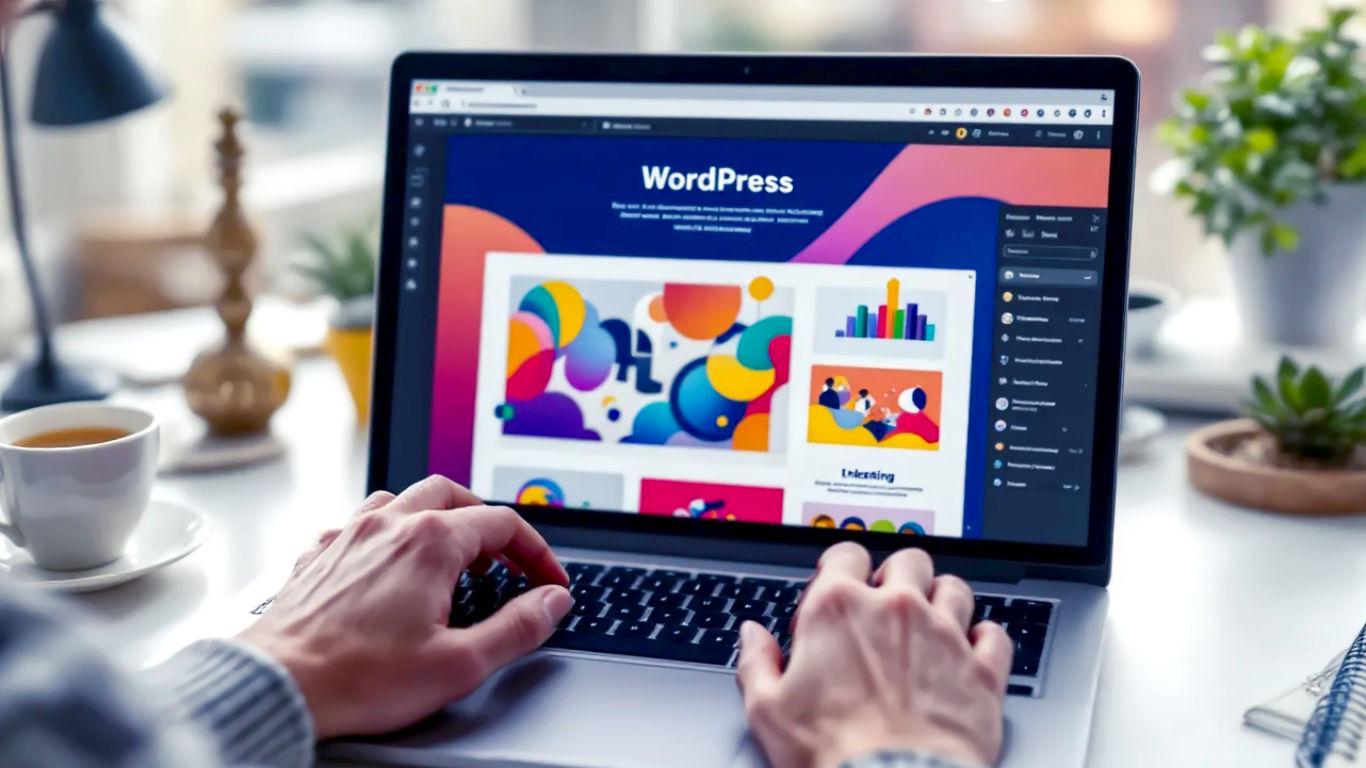 A hyper-realistic, professional photograph showing a person's hands on a modern laptop keyboard and trackpad. The laptop screen displays a colourful, stylish WordPress website design being edited in the visual Customizer interface. The setting is a bright, modern British home office or a trendy co-working space in London, with a cup of tea and a notebook visible on the desk. The mood is creative, focused, and empowering. Soft, natural lighting from a nearby window.