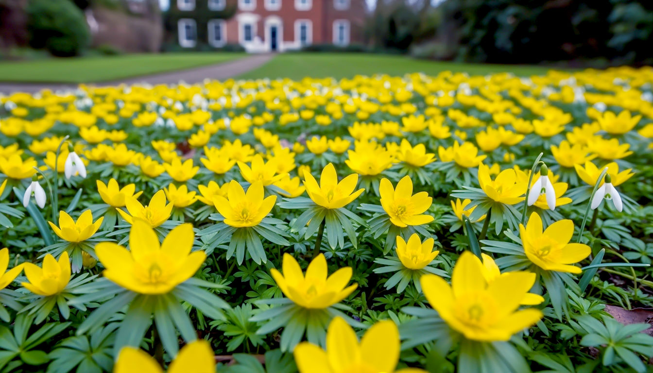 A vibrant, ground-level photograph looking across a brilliant carpet of Winter Aconites, their buttercup-yellow flowers wide open in a rare burst of winter sunshine. A few stray snowdrops are scattered amongst them. The depth of field is shallow, with the background showing the soft-focus green of a well-kept lawn leading to a classic red-brick house. The mood is one of pure, unexpected joy and vibrant energy.