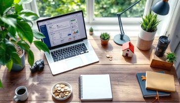 A hyper-realistic, professional photograph in the style of a modern lifestyle magazine. The image shows a top-down view of a rustic wooden desk in a bright, airy British home office. On the desk are several symbolic objects representing different revenue streams: a laptop open to a blog's dashboard, a high-quality camera, a pot of savings with pound coins, a small model house, and a book with a stylish cover. The lighting is soft and natural, coming from a nearby window overlooking a typical green British garden. The mood is aspirational, organised, and optimistic, conveying the idea of building wealth from multiple sources.