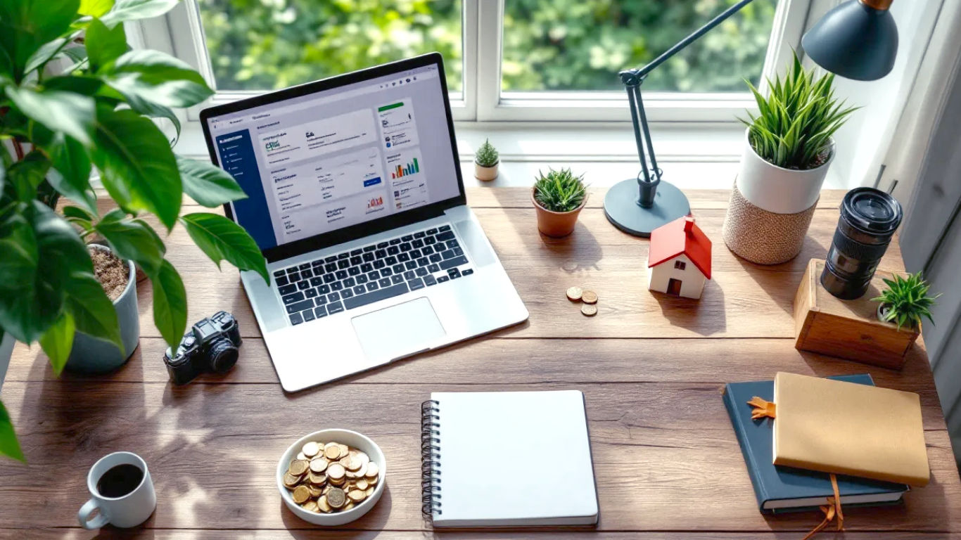 A hyper-realistic, professional photograph in the style of a modern lifestyle magazine. The image shows a top-down view of a rustic wooden desk in a bright, airy British home office. On the desk are several symbolic objects representing different revenue streams: a laptop open to a blog's dashboard, a high-quality camera, a pot of savings with pound coins, a small model house, and a book with a stylish cover. The lighting is soft and natural, coming from a nearby window overlooking a typical green British garden. The mood is aspirational, organised, and optimistic, conveying the idea of building wealth from multiple sources.
