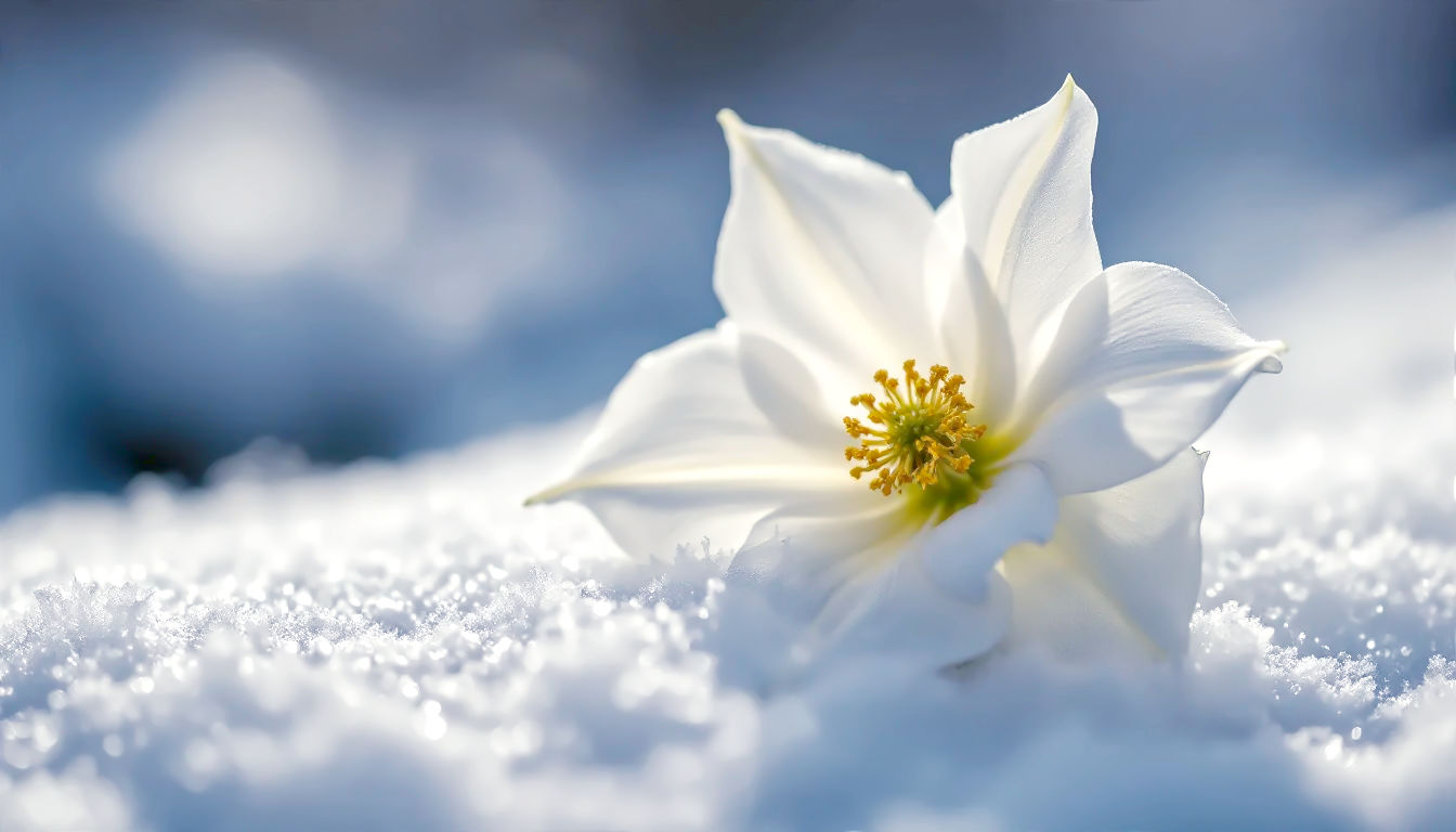 A dramatic macro photograph focusing on a single, perfect white flower of a Christmas Rose (Helleborus niger) pushing through a thin, crisp layer of fresh snow. The focus is exceptionally sharp on the delicate yellow stamen at the flower's centre. The lighting is clean and bright, accentuating the contrast between the pure white petals and the stark snow. The mood is one of quiet strength, purity, and hope.