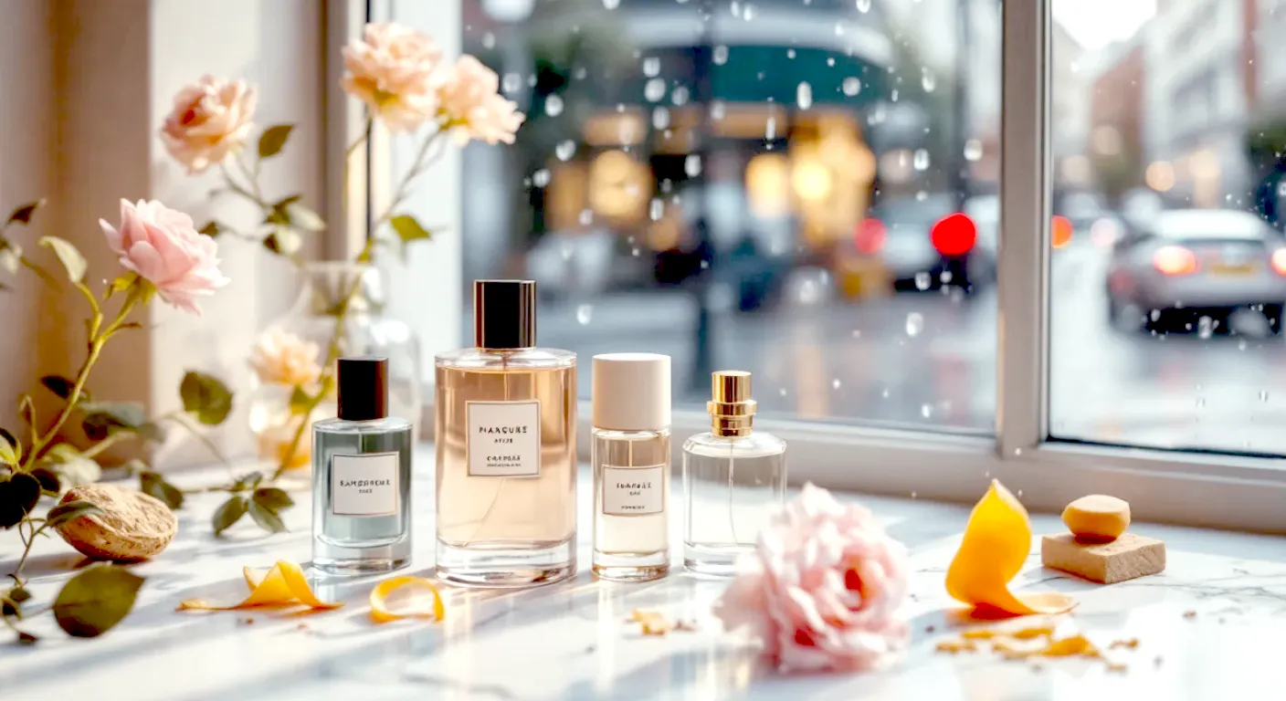 A hyper-realistic, professional photograph in the style of a modern lifestyle magazine. A collection of elegant, minimalist perfume bottles (some designer, some niche) is arranged artfully on a polished marble surface next to a rain-streaked window overlooking a chic, contemporary London street. Ingredients like a single perfect rose, a curl of orange peel, and a piece of sandalwood are scattered nearby. The lighting is soft and natural, creating a mood of sophisticated self-care and discovery. The palette is muted with pops of colour from the ingredients.