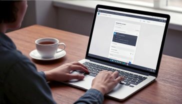 A hyper-realistic, professional photograph showing a person's hands typing on a modern laptop. The screen displays the WordPress block editor interface, clean and well-lit. A cup of tea sits beside the laptop on a warm, wooden desk. The mood is calm, focused, and creative. Soft, natural light from a window illuminates the scene, creating a gentle, inviting atmosphere.