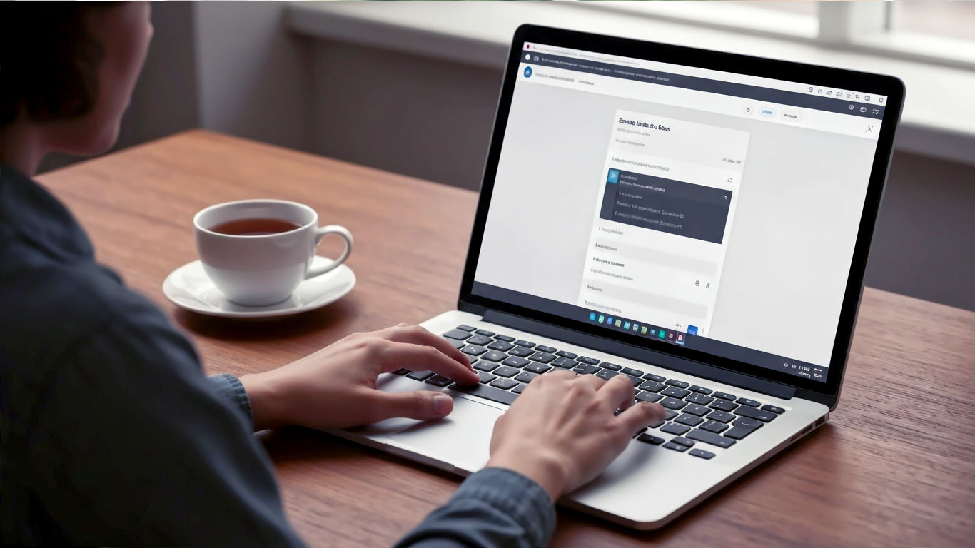 A hyper-realistic, professional photograph showing a person's hands typing on a modern laptop. The screen displays the WordPress block editor interface, clean and well-lit. A cup of tea sits beside the laptop on a warm, wooden desk. The mood is calm, focused, and creative. Soft, natural light from a window illuminates the scene, creating a gentle, inviting atmosphere.