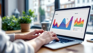 A hyper-realistic, professional photograph in the style of a modern business journal. A close-up shot of a person’s hands typing on a sleek laptop in a bright, airy office in London, with a window view of a characteristic British street. On the laptop screen, a colourful graph is visible, clearly showing the 'long tail' concept with the head and a long, tapering tail. The lighting is natural and soft, creating a focused and productive mood. The overall aesthetic is clean, professional, and aspirational, conveying expertise and clarity.