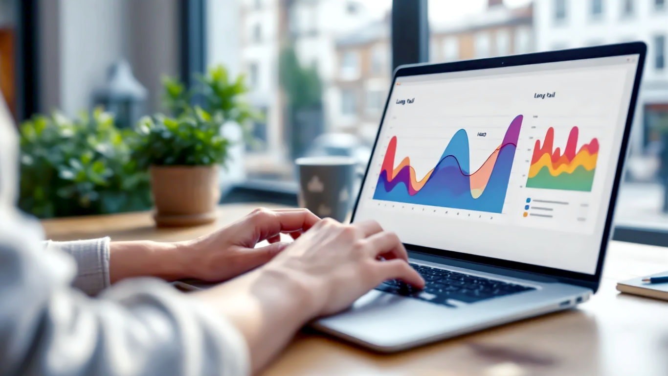 A hyper-realistic, professional photograph in the style of a modern business journal. A close-up shot of a person’s hands typing on a sleek laptop in a bright, airy office in London, with a window view of a characteristic British street. On the laptop screen, a colourful graph is visible, clearly showing the 'long tail' concept with the head and a long, tapering tail. The lighting is natural and soft, creating a focused and productive mood. The overall aesthetic is clean, professional, and aspirational, conveying expertise and clarity.