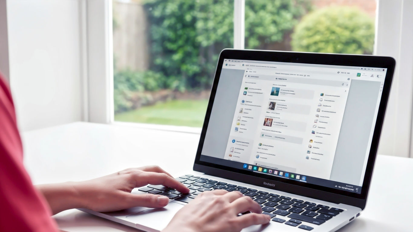 A hyper-realistic, professional photograph showing a person's hands on a modern laptop keyboard in a bright, clean, and stylish home office in the UK. The laptop screen displays a fresh, clean WordPress dashboard, clearly visible and in focus. Through a window behind the desk, there is a soft-focus view of a typical British garden with green foliage. The lighting is natural and soft, creating a calm, positive, and empowering mood. The overall style is aspirational yet accessible.
