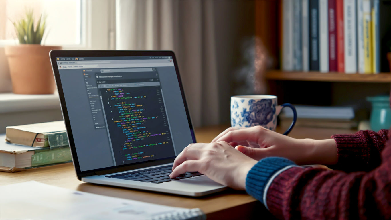 A hyper-realistic, professional photograph showing a person's hands typing on a modern laptop in a cosy, well-lit British home office. The laptop screen is clearly visible, displaying simple, clean HTML code with tags like and . Next to the laptop is a classic, steaming mug of English breakfast tea. The background is softly blurred, showing a bookshelf and a window with a view of a typical British garden. The overall mood is warm, accessible, and inspiring, with soft, natural lighting. Style: a high-quality lifestyle stock photo.