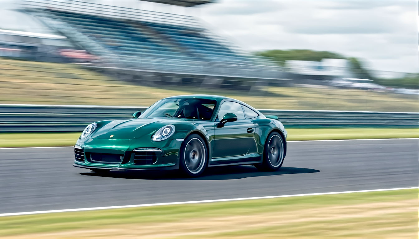 A hyper-realistic, professional action photograph in the style of a motorsport magazine. A sleek, British racing green sports car is captured mid-corner on the Silverstone racetrack. The car is perfectly sharp, showing details like the driver's focused expression through the helmet visor, while the background—including the spectator stands and trackside hoardings—is blurred into smooth, horizontal streaks of vibrant colour, conveying immense speed. The lighting is bright but slightly overcast, typical of a British race day, creating soft reflections on the car's bodywork. The composition is dynamic, with the car entering the frame from the left, leaving space in front of it to imply forward motion.