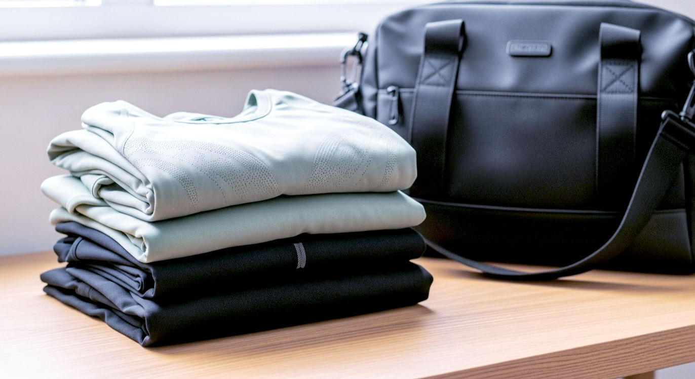 A hyper-realistic, professional photograph showing a neatly folded stack of fresh, clean, high-tech gym wear (e.g., dark grey leggings, a sage green sports top, a black technical t-shirt) on a minimalist light oak surface. Next to it, a modern, stylish black gym bag is half-open. Soft, bright, natural light from a window illuminates the scene, conveying a sense of cleanliness, readiness, and motivation. The style should be aspirational and clean, like a feature in a modern UK health and fitness magazine such as Men's Health or Women's Health.