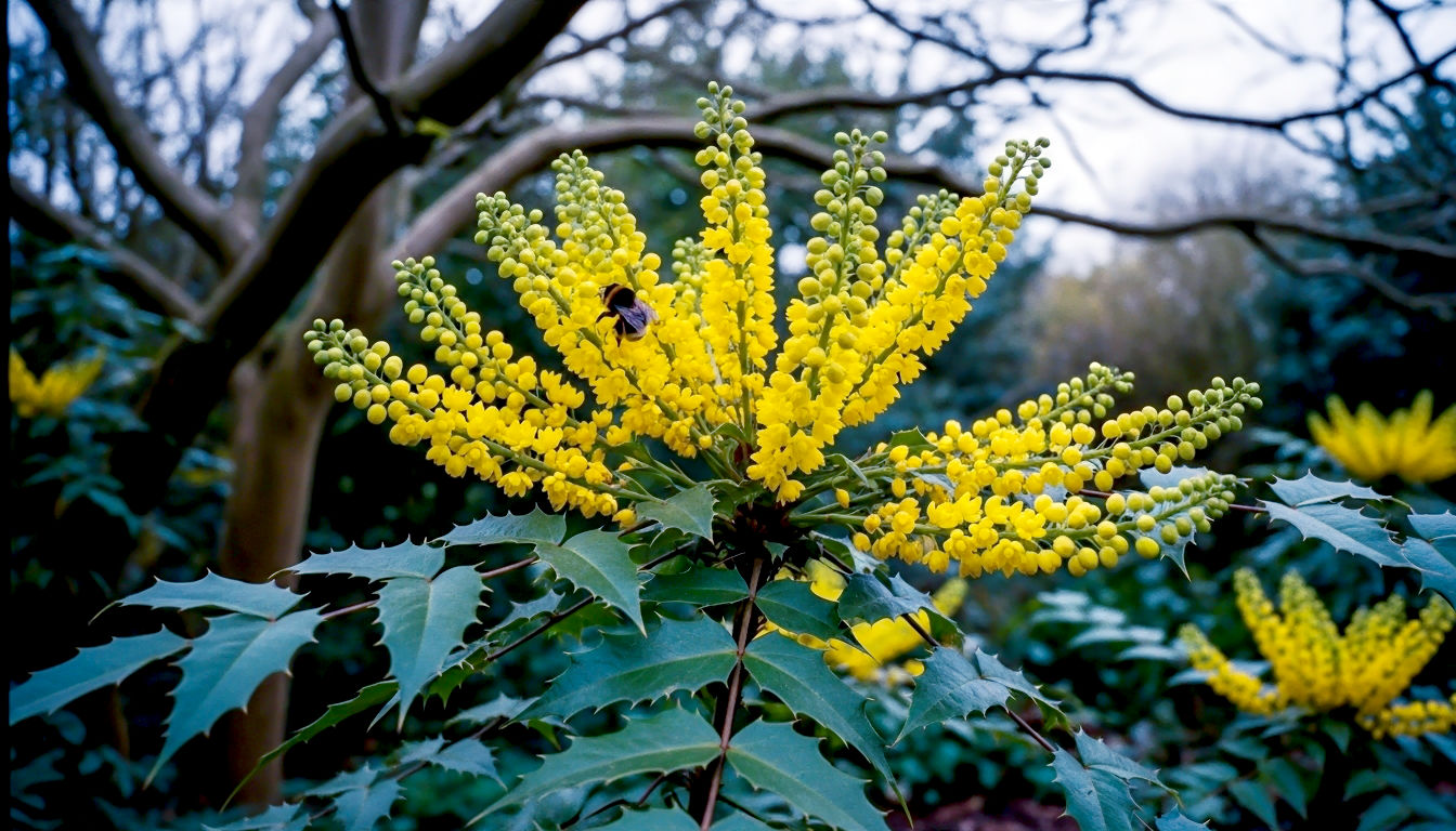 A professional, medium-shot photograph in the style of a Royal Horticultural Society journal. The subject is a Mahonia 'Charity' shrub in a shady woodland garden setting. The focus is on the long, elegant sprays of bright yellow flowers, with a single, fuzzy bumblebee feeding from one. The background shows the spiky, architectural leaves and the dappled light filtering through bare overhead branches. The mood is one of structural beauty and winter life.