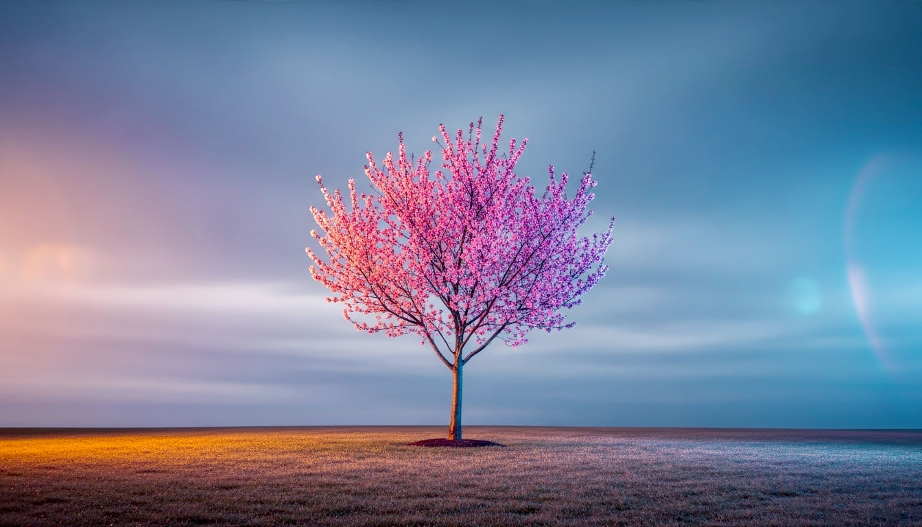 An elegant, wide-shot photograph of a small Winter-Flowering Cherry tree, its delicate, semi-double pink blossoms a startling contrast against a dramatic, moody, grey sky. The tree stands as a solitary specimen in the middle of a dormant winter lawn. The lighting is soft and even. The mood is one of fragile beauty, hope, and quiet defiance against the winter gloom.