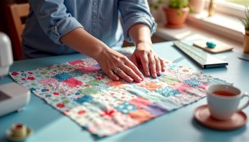 A hyper-realistic, professional photograph in the style of a modern craft magazine. A pair of hands belonging to a young woman are carefully guiding a colourful, modern patchwork fabric under the needle of a sewing machine. The scene is shot from a top-down angle, showing a neatly organised workspace with a rotary cutter, a quilting ruler on a cutting mat, spools of thread, and a cup of tea on a coaster just in frame. The lighting is bright and natural, coming from a nearby window, creating a warm, inviting, and creative mood. The overall aesthetic is clean, inspiring, and quintessentially British.