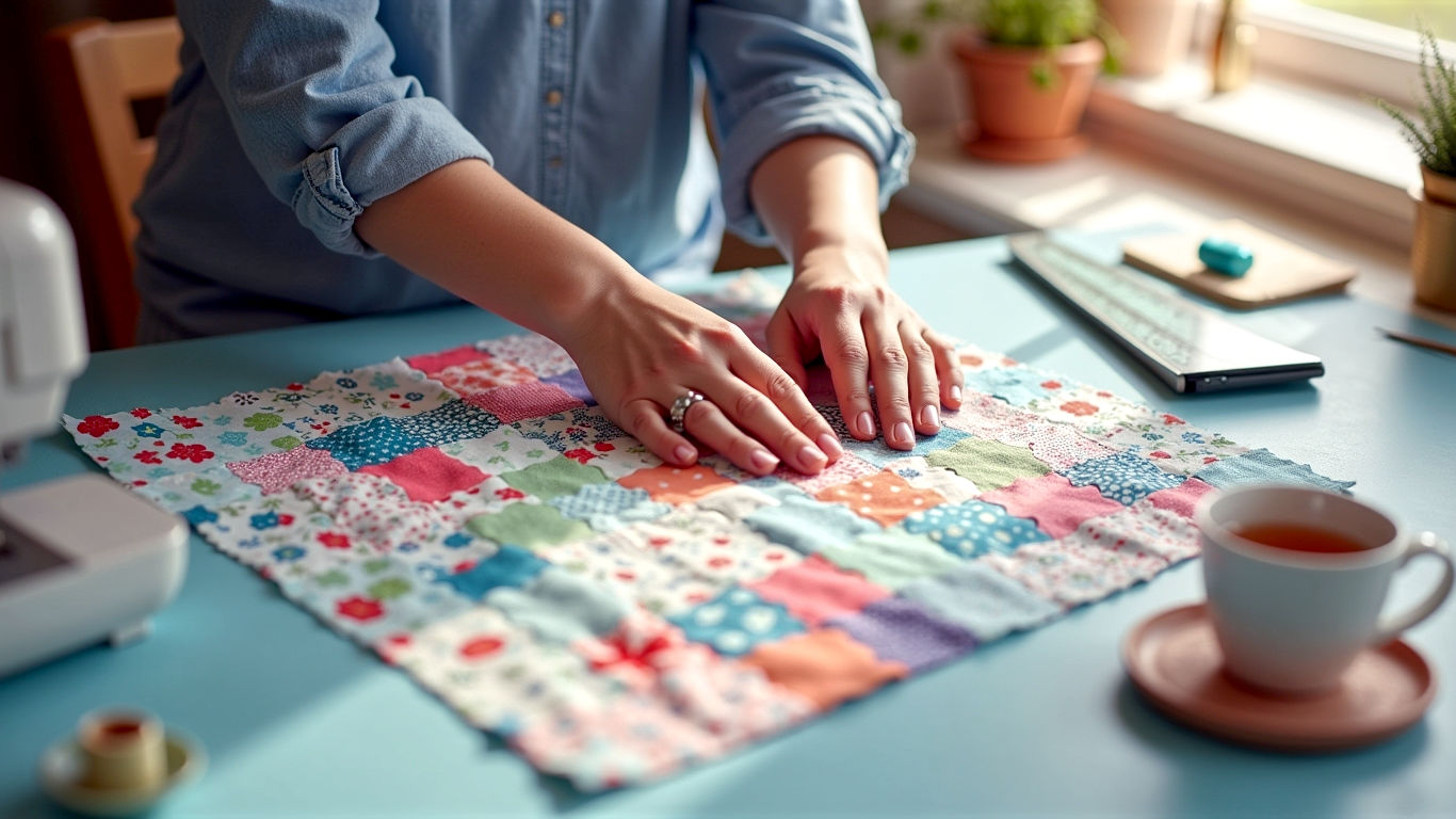 A hyper-realistic, professional photograph in the style of a modern craft magazine. A pair of hands belonging to a young woman are carefully guiding a colourful, modern patchwork fabric under the needle of a sewing machine. The scene is shot from a top-down angle, showing a neatly organised workspace with a rotary cutter, a quilting ruler on a cutting mat, spools of thread, and a cup of tea on a coaster just in frame. The lighting is bright and natural, coming from a nearby window, creating a warm, inviting, and creative mood. The overall aesthetic is clean, inspiring, and quintessentially British.