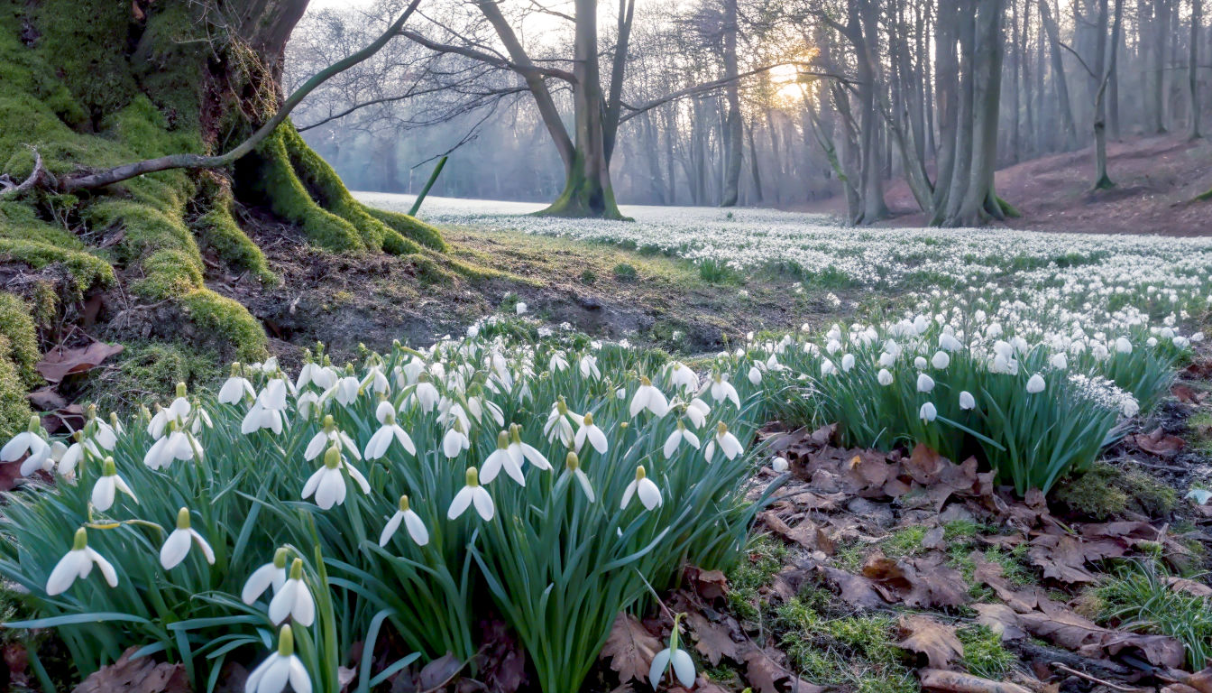 A stunning, low-angle landscape photograph capturing a dense carpet of Snowdrops (Galanthus nivalis) beneath a mature, moss-covered beech tree. The low winter sun is backlighting the scene, making the delicate white petals appear almost translucent against the dark tree trunk. The composition evokes a sense of wonder and the gentle awakening of nature. The mood is peaceful, hopeful, and quintessentially British.